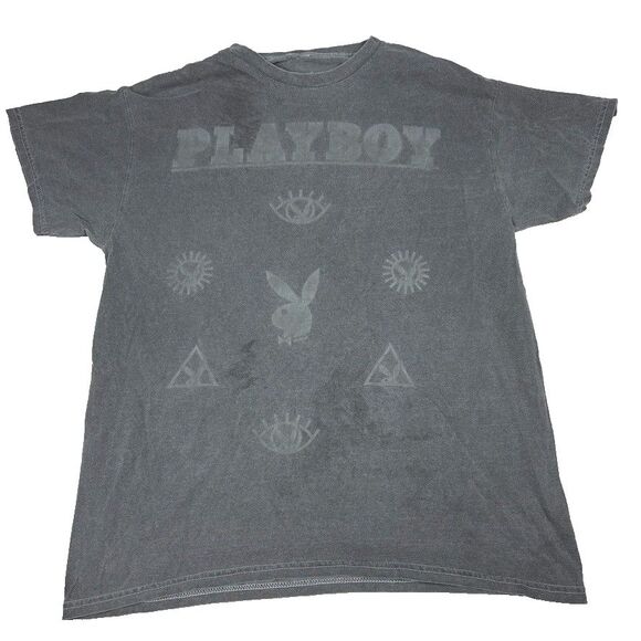 Y2K Playboy Graphic T-Shirt Medium Gray Acid Wash Bunny Evil Eye Sun Stars - Picture 1 of 4